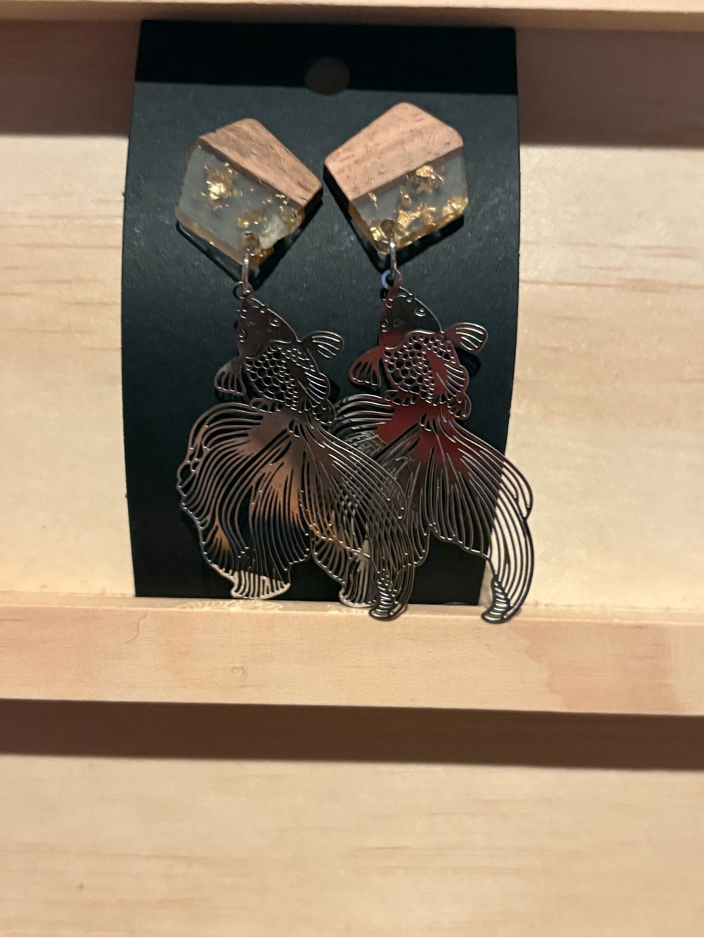 Handmade Gold and Wood Metal Koi fish Resin Drop Earrings - Women Jewelry